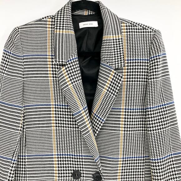 ANINE BING Madeleine Black White Yellow Houndstooth Double Breasted Blazer - Picture 3 of 13